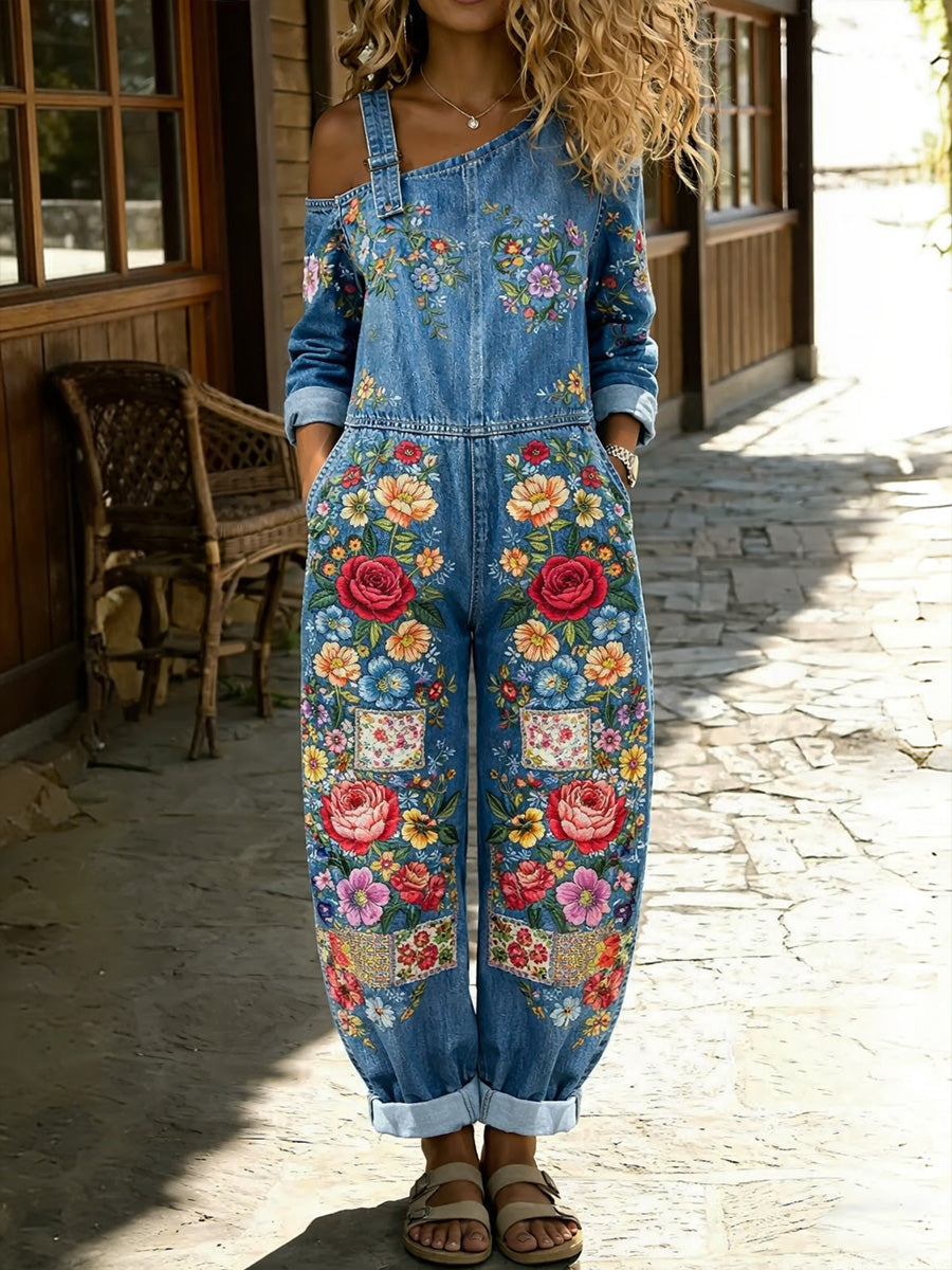 Women's Retro Style Floral Art Print Washed Cotton Denim Patchwork Jumpsuit